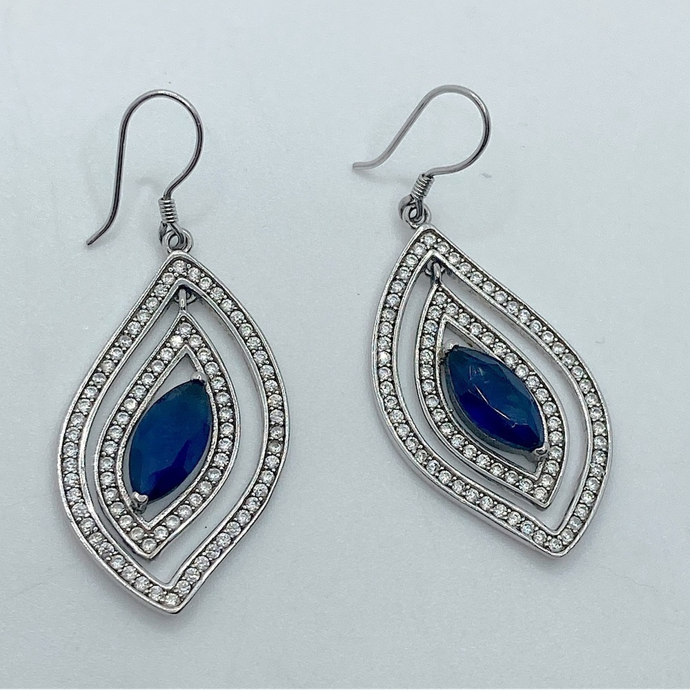 Vtg Sterling Blue Marquis & White Cz Stone Statement Earrings Bridal Formal 2”